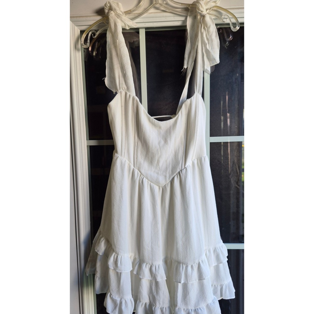 White‎ Gold Pinstripe Ruffle Mini Dress Corset Lace Up Back Tie Strap Womens S